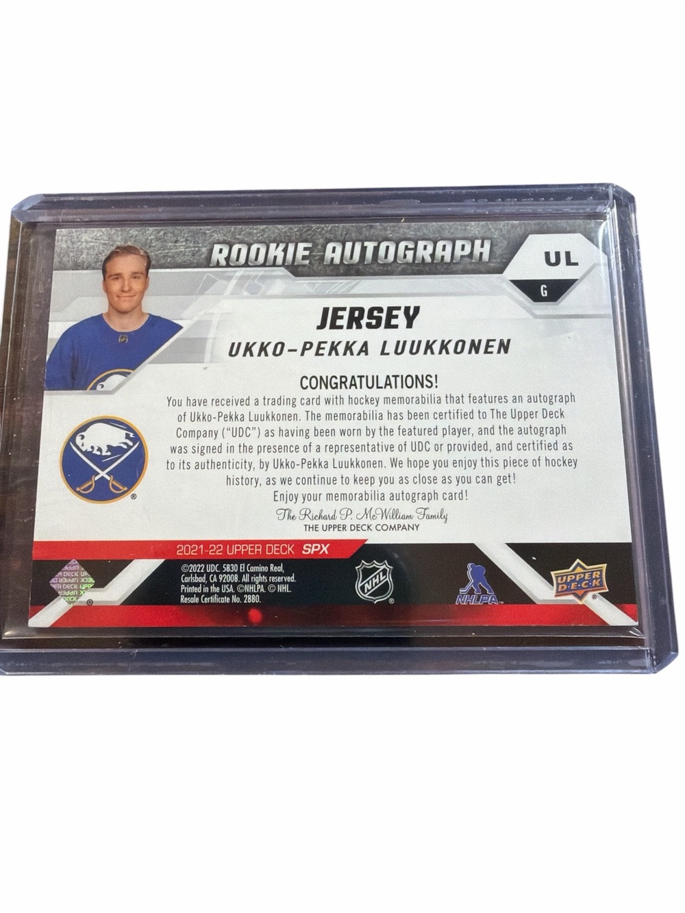 Ukko-Pekka Luukkonen Signed Rookie Jersey Card /375 - 2021-22 SPx - Picture 2 of 2